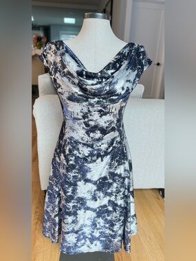 Metallic Navy & Silver Cowl Neck Evening Dress